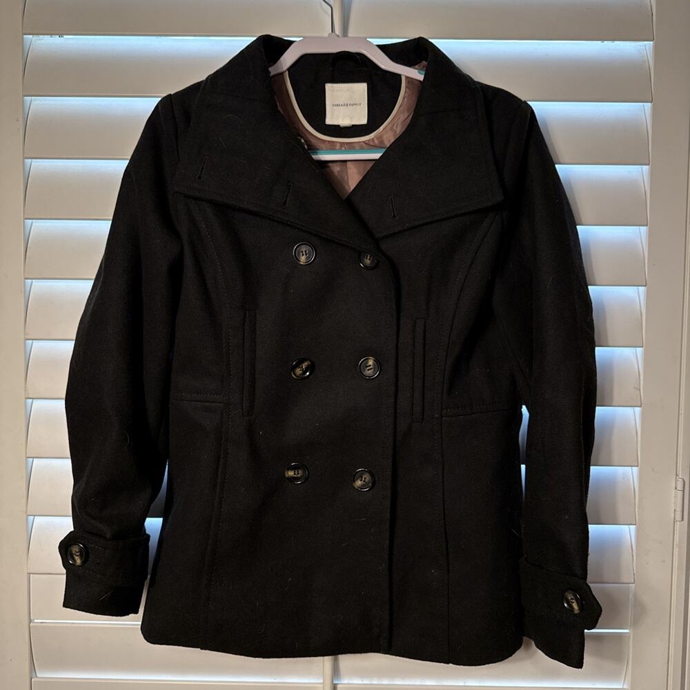 Thread And Supply Double Breasted Peacoat Women's Size Large Black Wool
